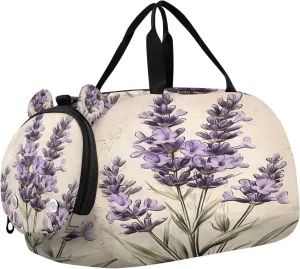 Travel Duffle Bag for Kids Boys Girls Lavender Flower Vintage Sports Bag Overnighter Duffle Sleepover Weekender with Shoes Compartment