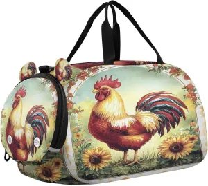 Travel Duffle Bag for Kids Boys Girls Red Rooster Sunflowers French Country Sports Bag Overnighter Duffle Sleepover Weekender with Shoes Compartment