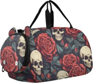 Travel Duffle Bag for Kids Boys Girls Skull Skeleton Head Rose Sports Bag Overnighter Duffle Sleepover Weekender with Shoes Compartment