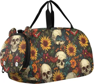 Travel Duffle Bag for Kids Boys Girls Skull Sunflower Flower Skeleton Sports Bag Overnighter Duffle Sleepover Weekender with Shoes Compartment