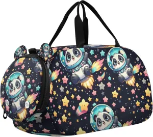 Travel Duffle Bag for Kids Boys Girls Space Panda Cartoon Stars Sports Bag Overnighter Duffle Sleepover Weekender with Shoes Compartment
