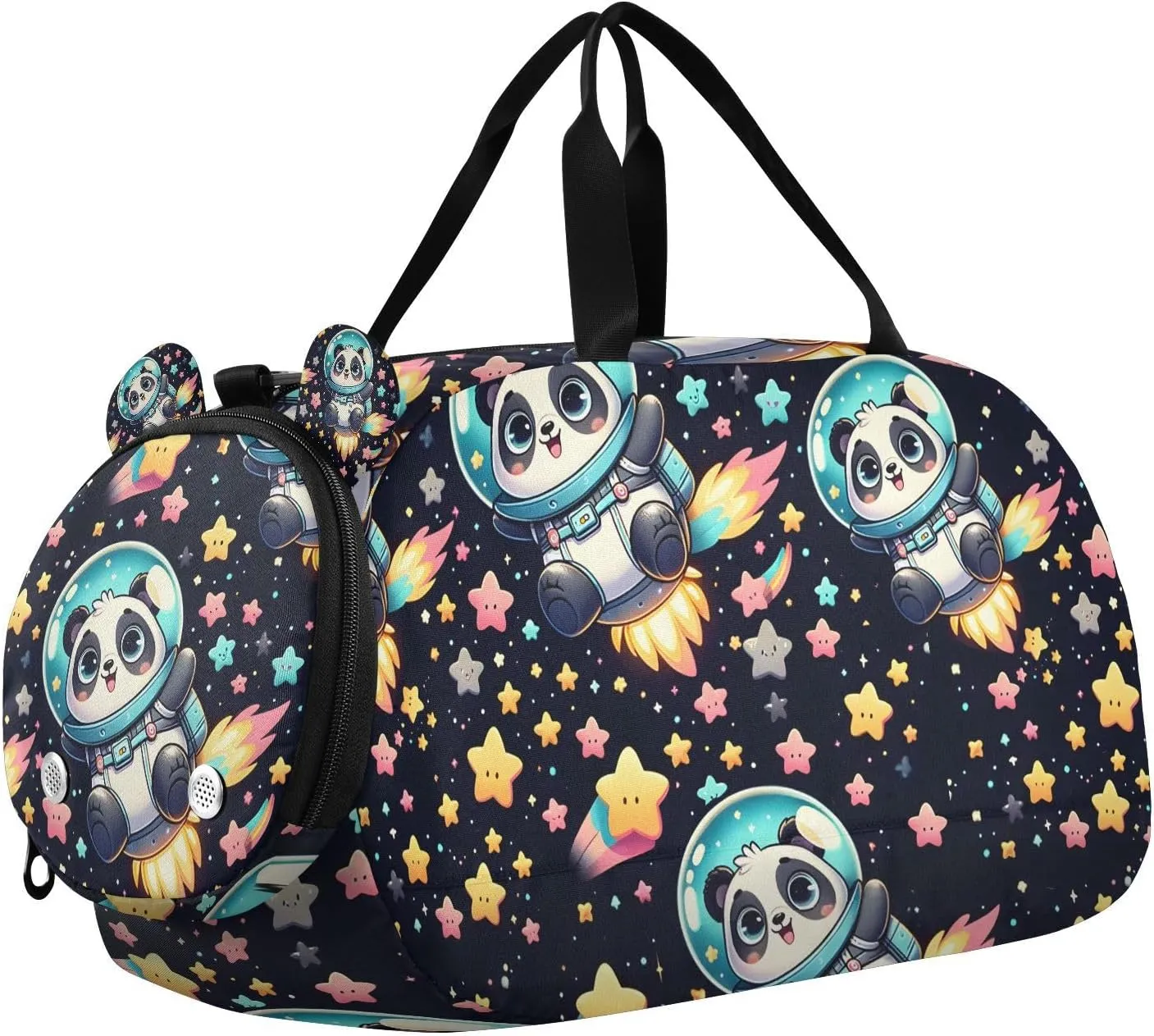 Travel Duffle Bag for Kids Boys Girls Space Panda Cartoon Stars Sports Bag Overnighter Duffle Sleepover Weekender with Shoes Compartment