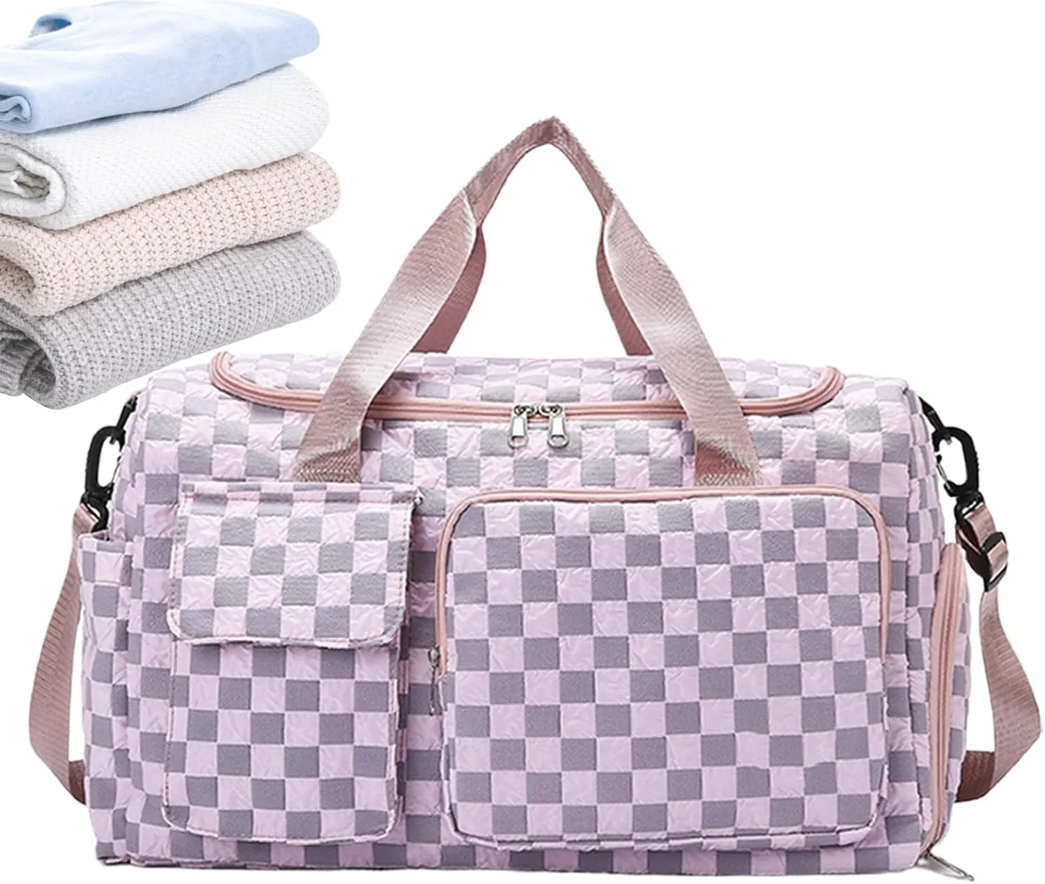 Travel Duffle Bag | Zippered Large Storage Trip Pouch | Water-resistant Plaid Gym Bags with Shoe Compartment for Men Women Sports Swimming Airplane Swimming Basketball