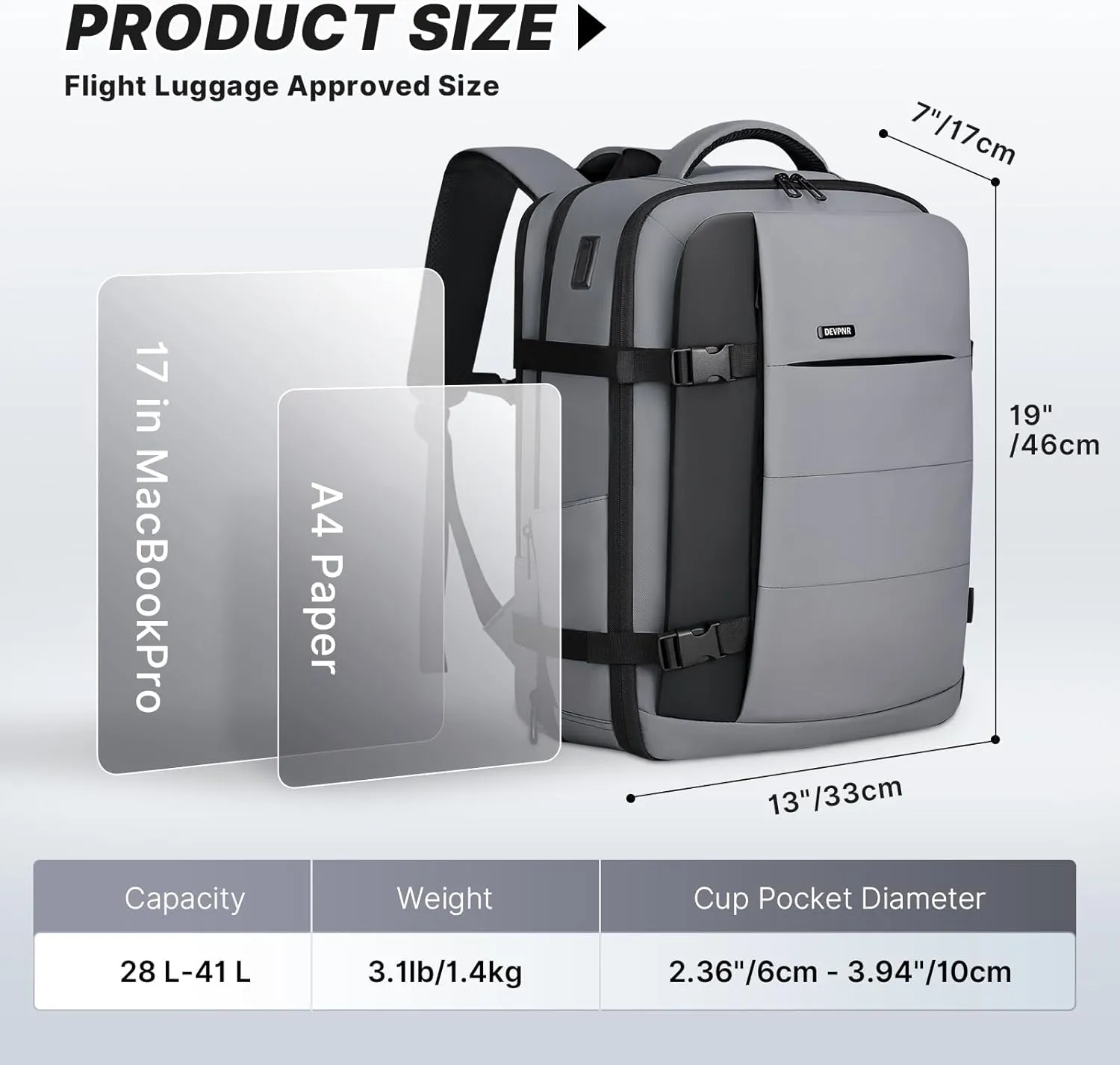 Travel Laptop Backpack for Men Women, 41L Expandable Backpack with USB Charging Port, Airline Approved Carry on Backpack, 17.3 Inch Laptop Backpack for Trip Bussiness College (Light Gray)