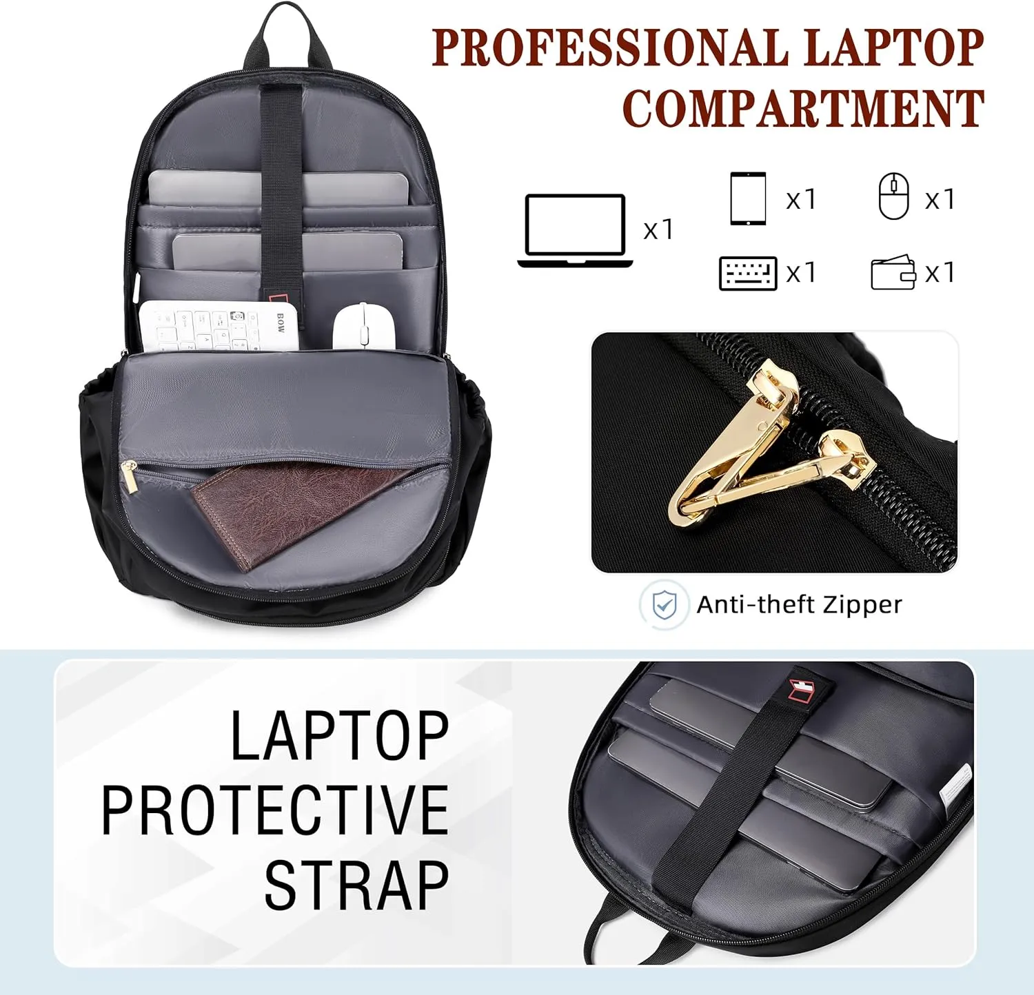 Travel Laptop Backpack for Women 15.6 Inch Computer Backpacks with USB Charging Hole Anti Theft Carry on Bag College Bookbag Large Black Back Pack for Work Business Traveling Commuter Daypack-Black