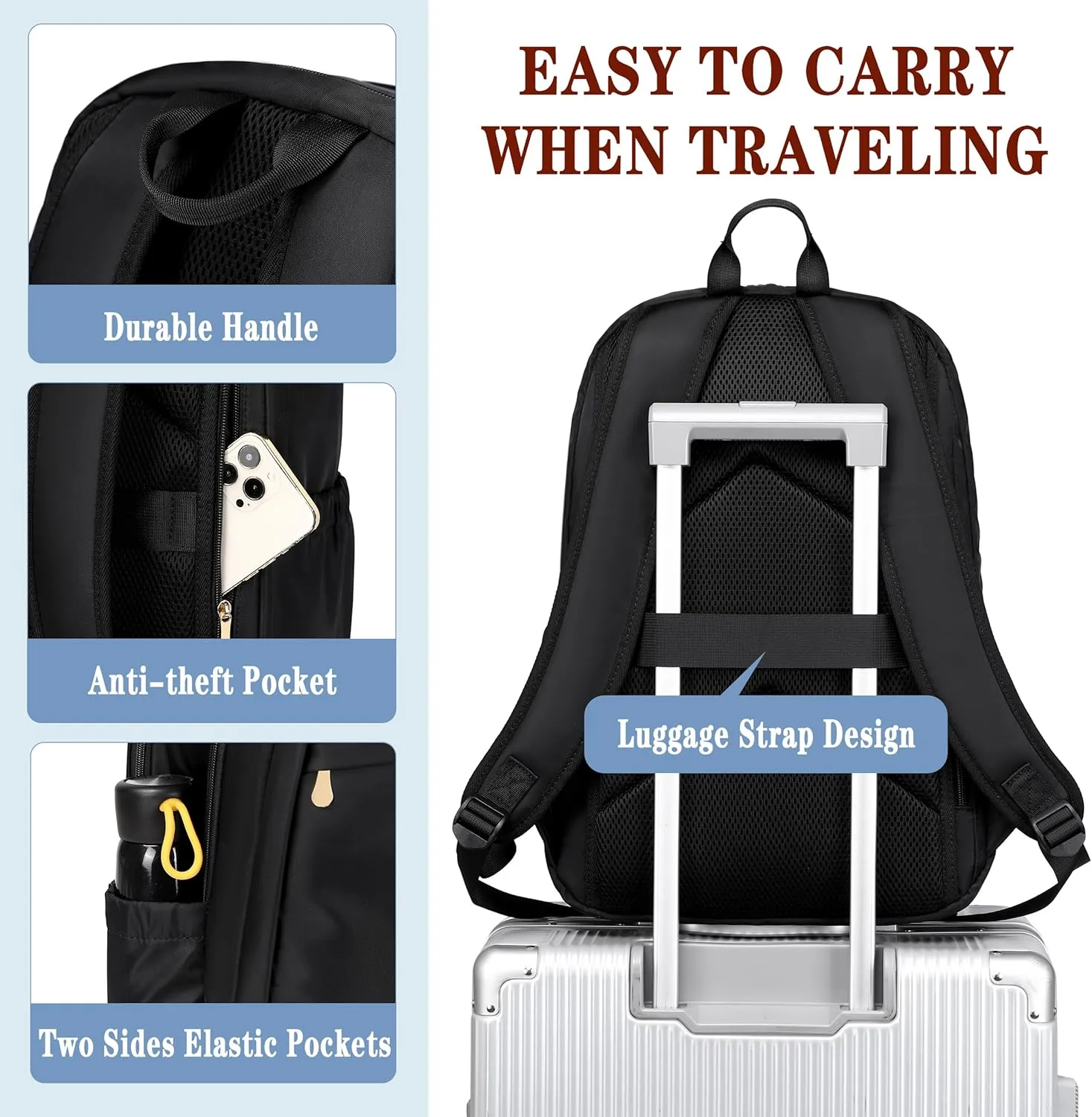 Travel Laptop Backpack for Women 15.6 Inch Computer Backpacks with USB Charging Hole Anti Theft Carry on Bag College Bookbag Large Black Back Pack for Work Business Traveling Commuter Daypack-Black