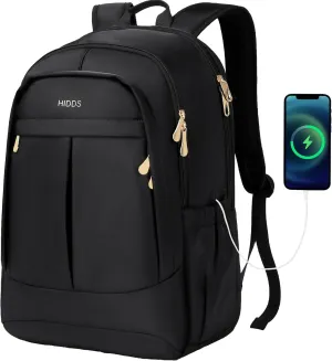 Travel Laptop Backpack for Women 15.6 Inch Computer Backpacks with USB Charging Hole Anti Theft Carry on Bag College Bookbag Large Black Back Pack for Work Business Traveling Commuter Daypack-Black