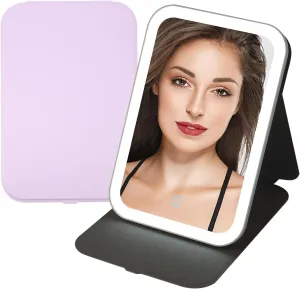 Travel Lighted Makeup Mirror,Rechargeable 360° Rotation Mirror,Cosmetic Mirror with 3 Colors Lights,Compact Folding Vanity Mirror with Touch Screen(Purple)