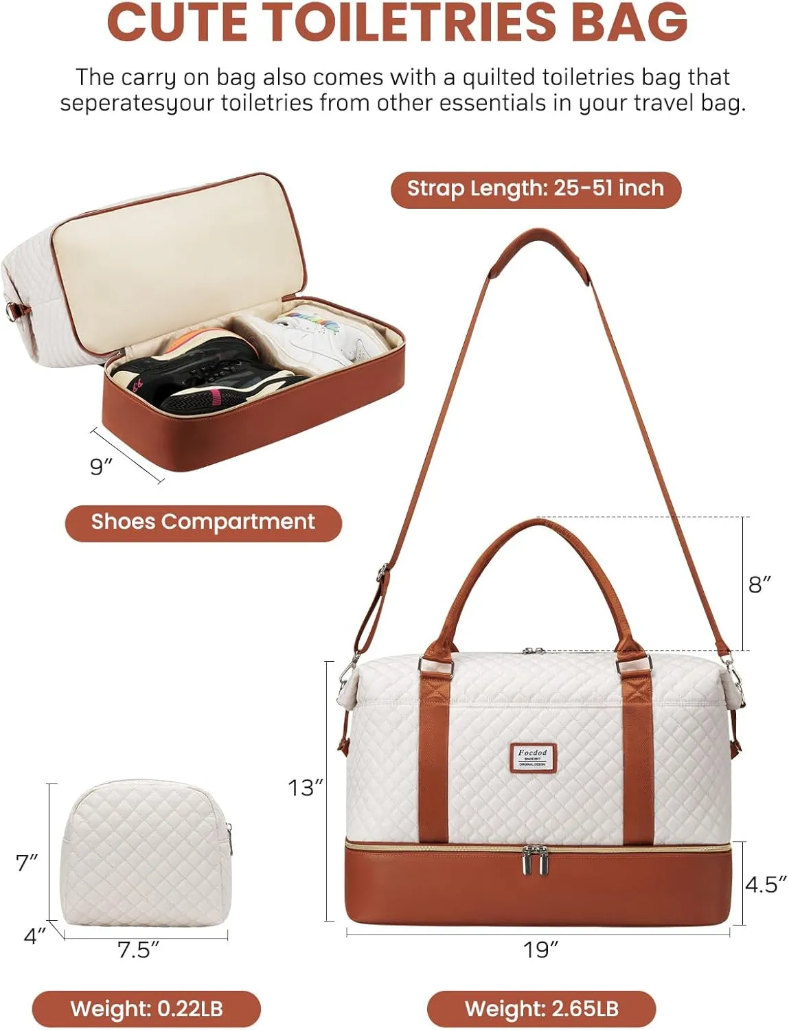 Travel Weekender Duffle Bags for Women: Overnight Bags with Shoe Compartment Large Carry on Weekend Bag with Toiletry & Wet Pocket Tote Duffel Bag Hospital Bag for Women Labor Delivery Begie Brown