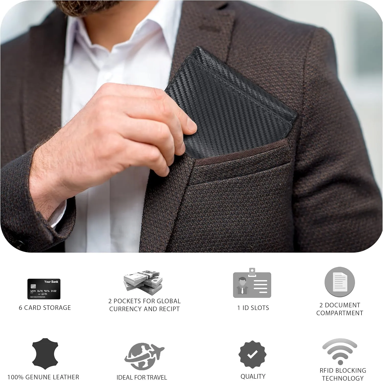 Tri fold Leather Wallet for Men with RFID | Slim Wallets for Men with 1 ID and 6 Credit card slots | Front Pocket Minimalist