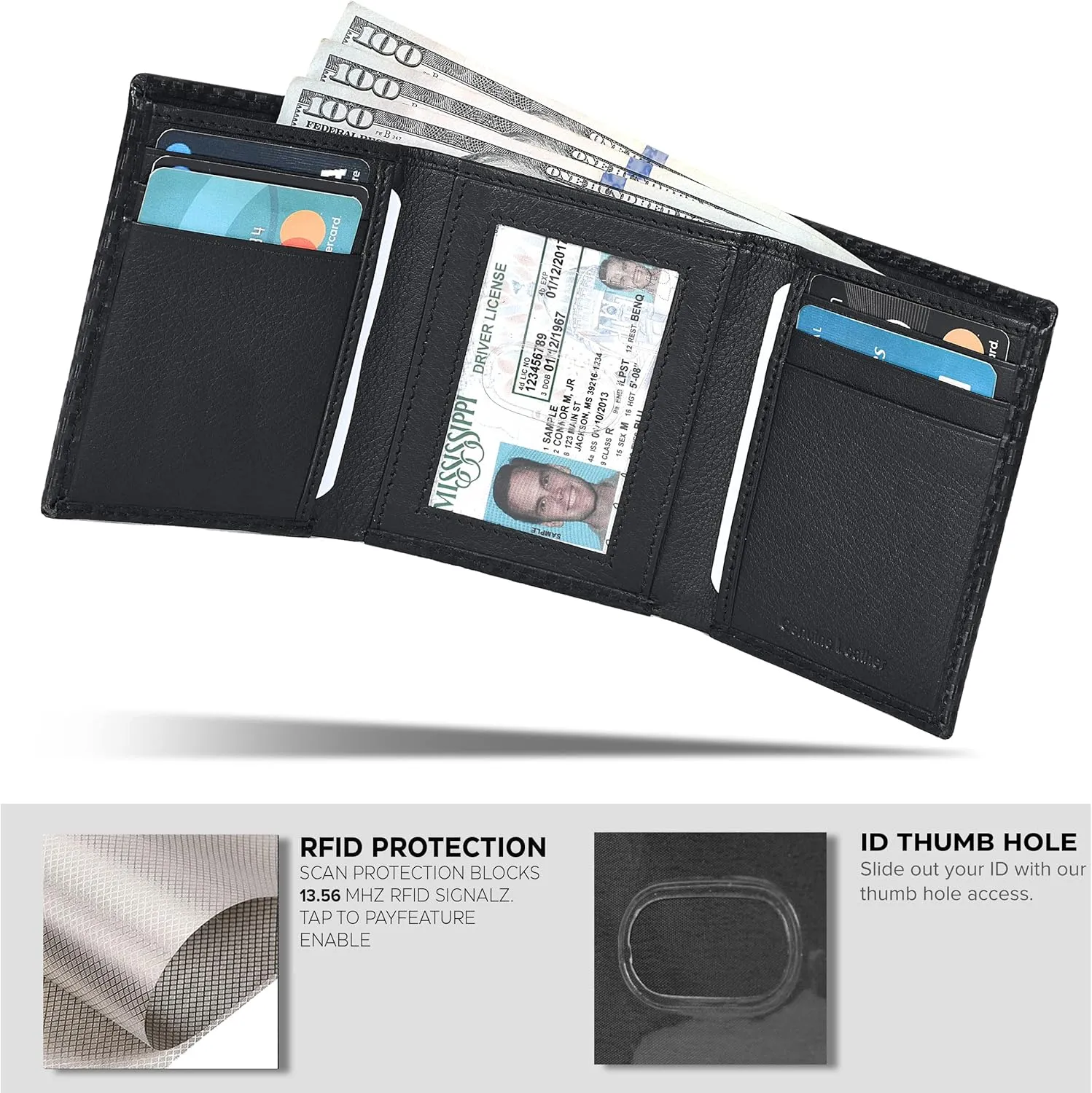 Tri fold Leather Wallet for Men with RFID | Slim Wallets for Men with 1 ID and 6 Credit card slots | Front Pocket Minimalist