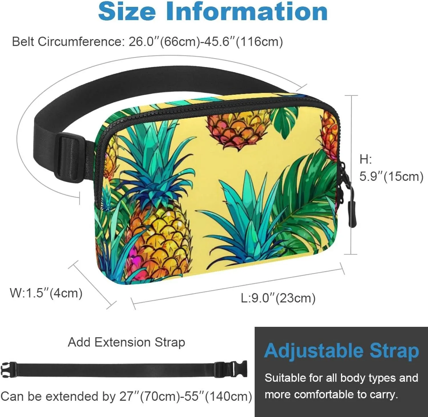 Tropical Pineapple Fruit Unisex Style Fanny Pack: Fashion Waist Packs, Crossbody Bags Sport Slim Fashionable for Jogging Hiking Hiker Woman Man, 1.5x9.0x5.9in/4x23x15cm