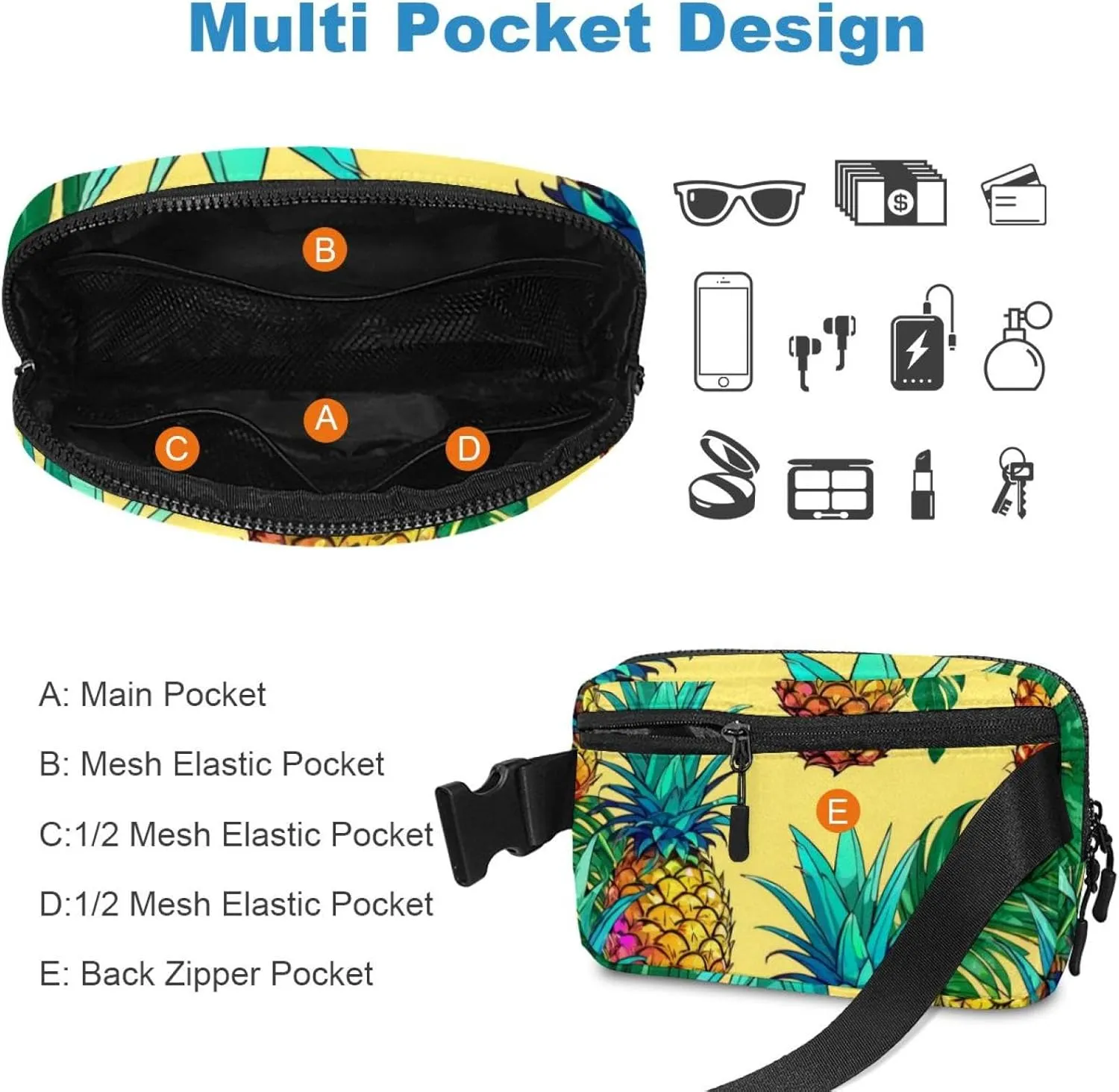 Tropical Pineapple Fruit Unisex Style Fanny Pack: Fashion Waist Packs, Crossbody Bags Sport Slim Fashionable for Jogging Hiking Hiker Woman Man, 1.5x9.0x5.9in/4x23x15cm