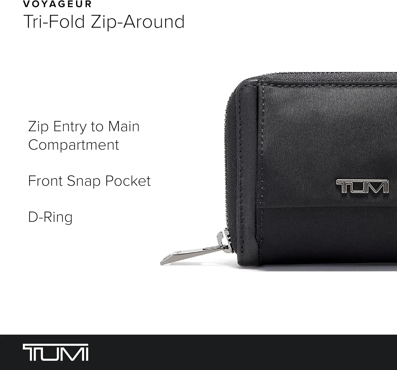 TUMI - Voyageur Tri-Fold Zip-Around - Aesthetic Women's Zipper Wallet with Cash/Card Holders - Travel Wallet - With Gift Box - Black/Gunmetal