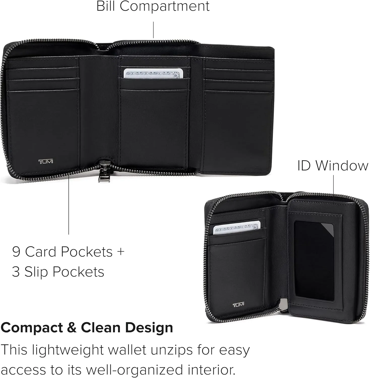 TUMI - Voyageur Tri-Fold Zip-Around - Aesthetic Women's Zipper Wallet with Cash/Card Holders - Travel Wallet - With Gift Box - Black/Gunmetal