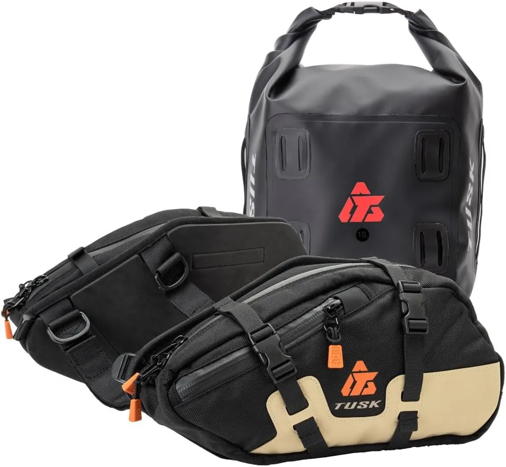 TUSK Traverse Pannier Bags Base System w/X-Small Dry Duffel Tail Bag Black/Tan