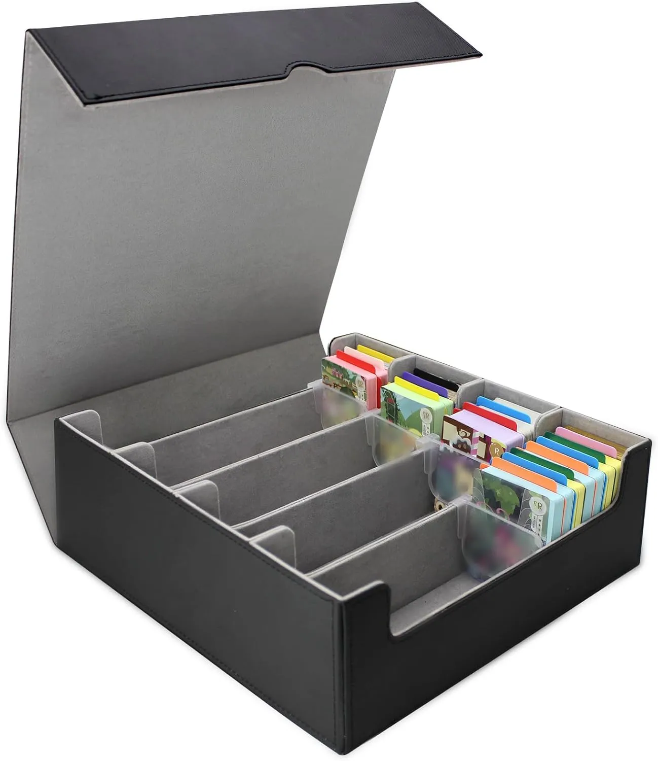 Tuzuaol 3000  Desk Box Trading Card Storage Box with Dividers, 4 Row Magic Card Storage Box, Trading Card Game Case for Sport Card (Black Gary)