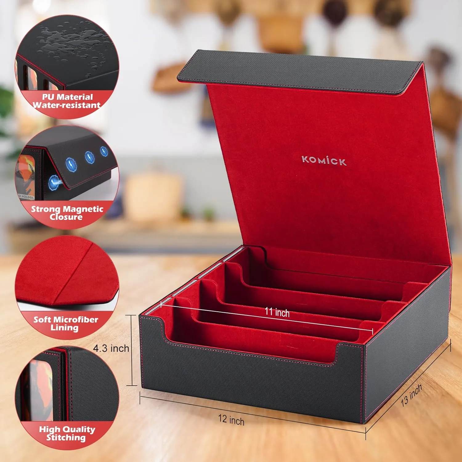 Ultra-Capacity 4-Row Trading MTG Card Storage Box with Display, Holds 3000  Cards with Dividers & Card Holders, PU Leather Commander Deck Box for MTG, YuGiOh, TCG Deck Box, Sport Cards (Black / Red)
