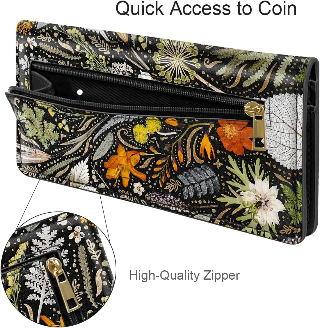 Ultra Slim Womens Wallet Minimalist Thin Long Leather Bifold Wallet RFID Blocking Card Holder Organizer with Zipper Coin Pocket Ladies Girls Gift Purse, Dried Flowers