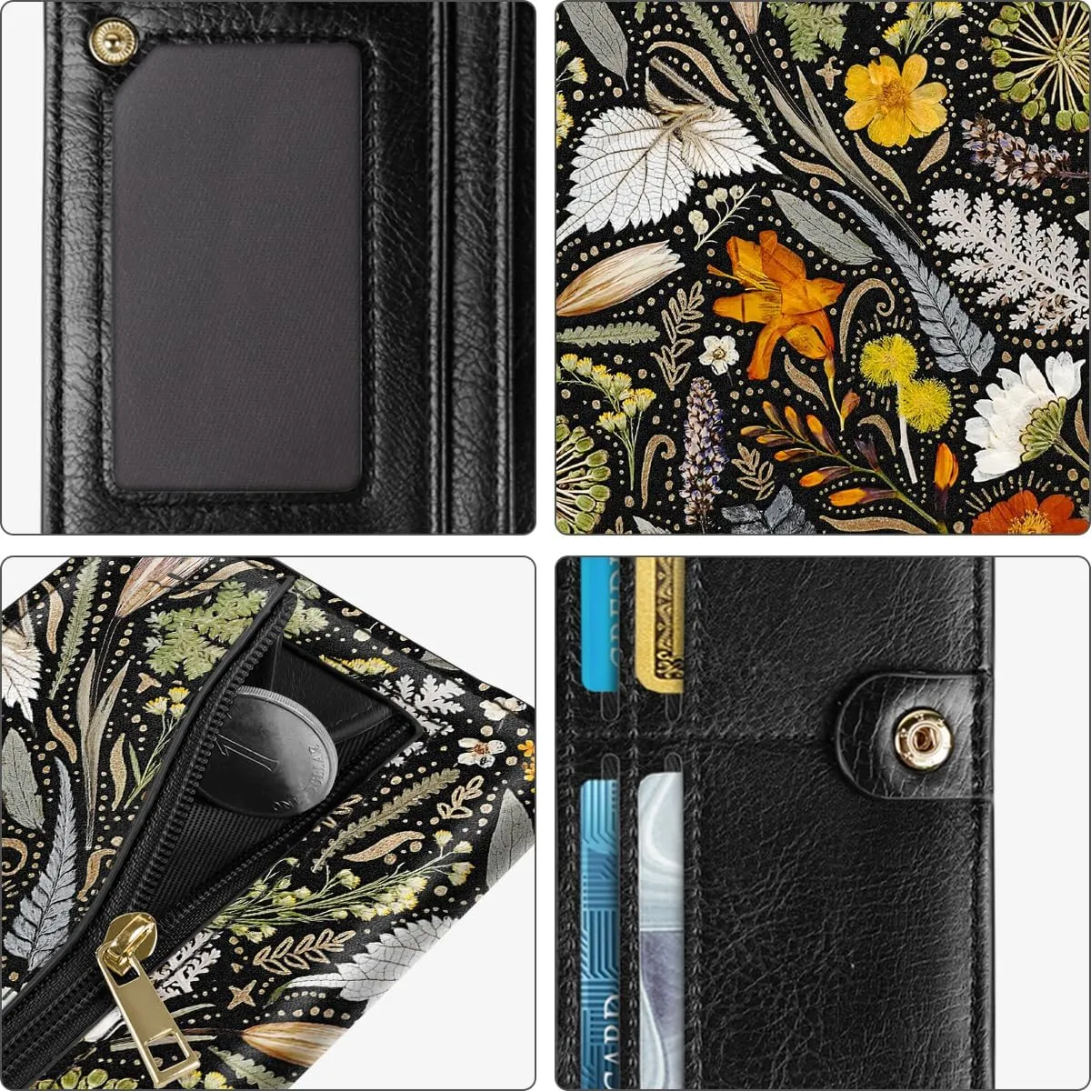 Ultra Slim Womens Wallet Minimalist Thin Long Leather Bifold Wallet RFID Blocking Card Holder Organizer with Zipper Coin Pocket Ladies Girls Gift Purse, Dried Flowers
