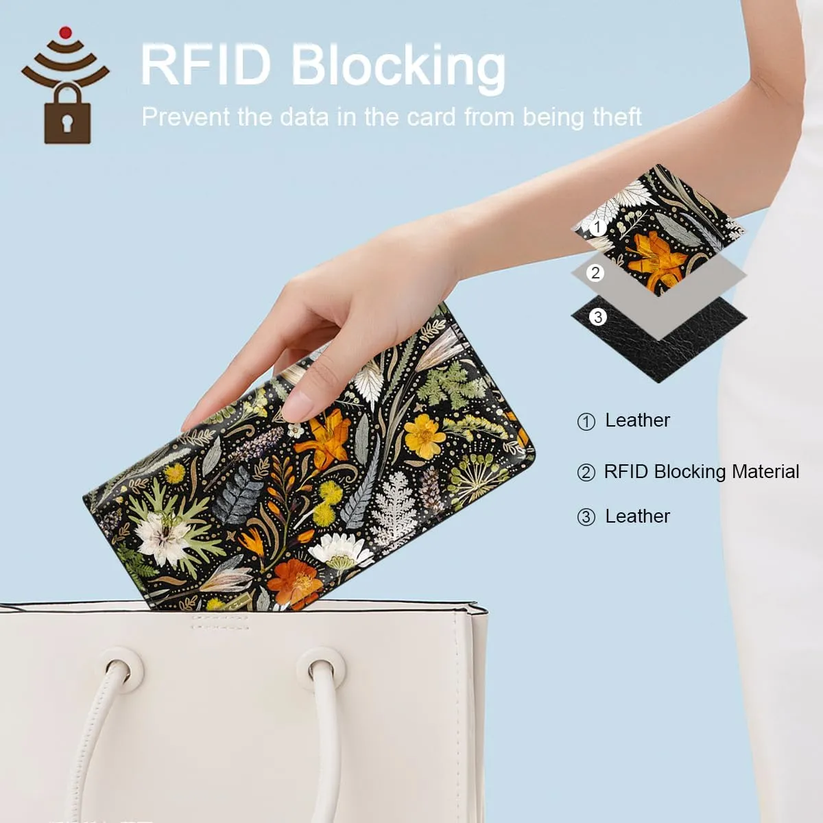 Ultra Slim Womens Wallet Minimalist Thin Long Leather Bifold Wallet RFID Blocking Card Holder Organizer with Zipper Coin Pocket Ladies Girls Gift Purse, Dried Flowers