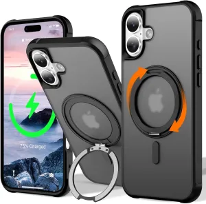 UMIONE 360° Rotatable Magnetic Ring Design for iPhone 16, Built-in Invisible Loop Stand, Compatible with Magsafe, Translucent Ultra Slim Military Grade Shockproof Case - Black