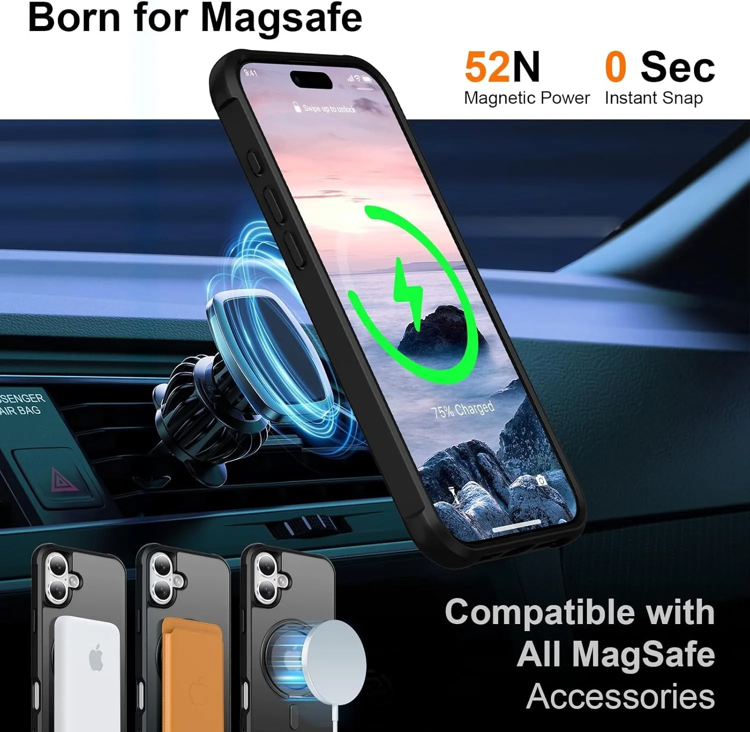 UMIONE 360° Rotatable Magnetic Ring Design for iPhone 16, Built-in Invisible Loop Stand, Compatible with Magsafe, Translucent Ultra Slim Military Grade Shockproof Case - Black