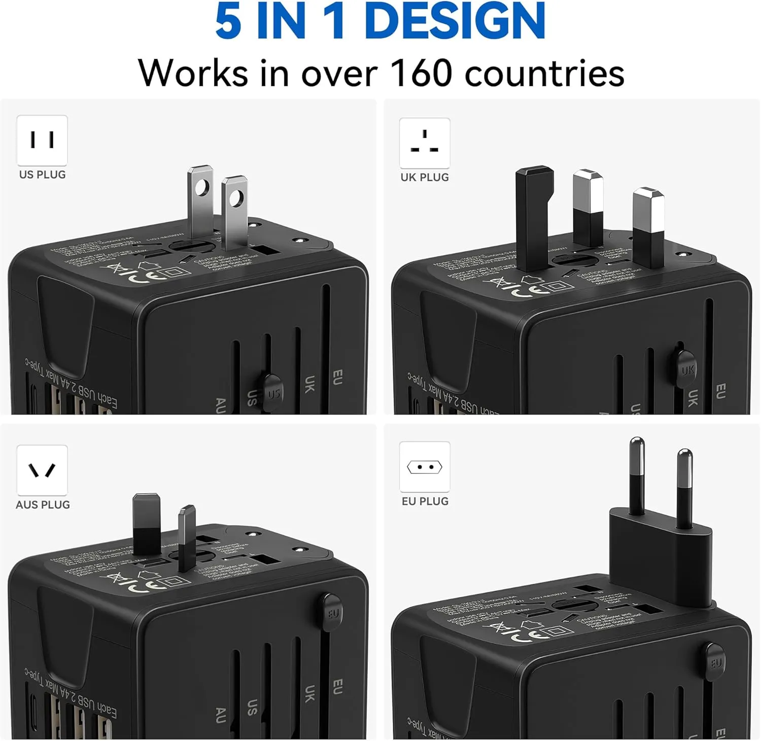 Unidapt International Travel Adapter, Universal Power Adapter Worldwide with 3 USB-A, 1 Type-C - Perfect for Travel to Europe US, EU, UK, AU Over 160 Countries (Black)