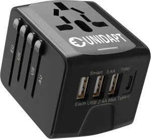 Unidapt International Travel Adapter, Universal Power Adapter Worldwide with 3 USB-A, 1 Type-C - Perfect for Travel to Europe US, EU, UK, AU Over 160 Countries (Black)
