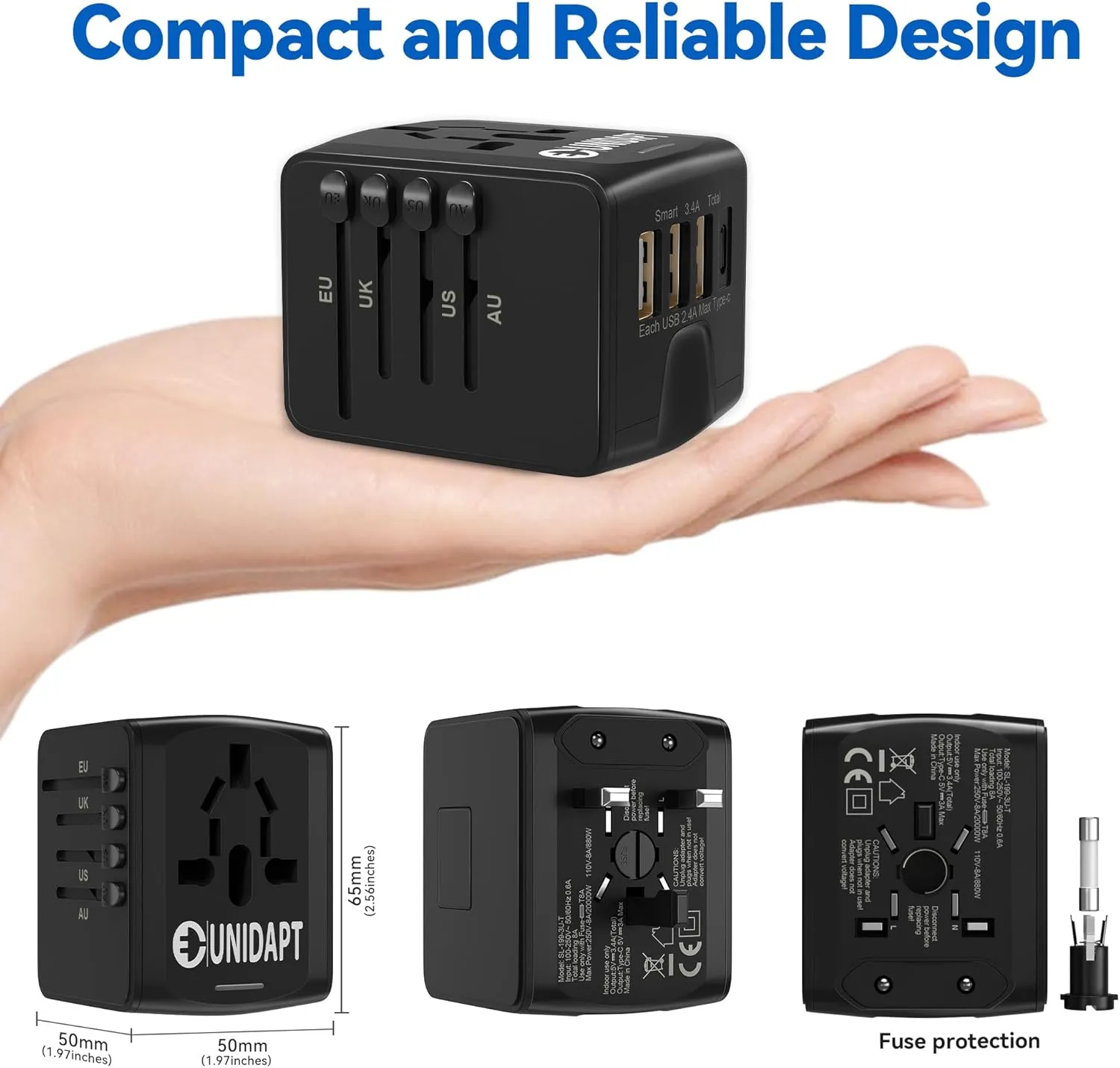 Unidapt International Travel Adapter, Universal Power Adapter Worldwide with 3 USB-A, 1 Type-C - Perfect for Travel to Europe US, EU, UK, AU Over 160 Countries (Black)