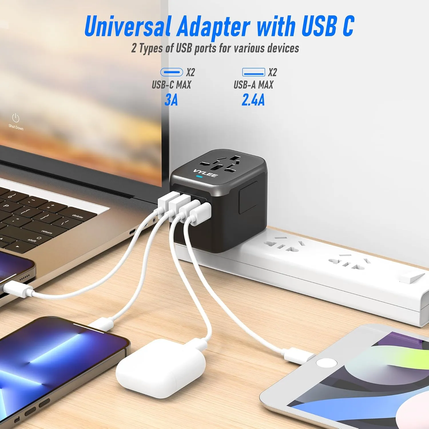 Universal International Power Travel Plug Adapter, 5 in 1 European Travel Plug Adapter W/ 3.5A 2xUSB-A and 2xUSB C Wall Charger and Worldwide AC Outlet for Europe USA UK AUS Asia (Black Grey)