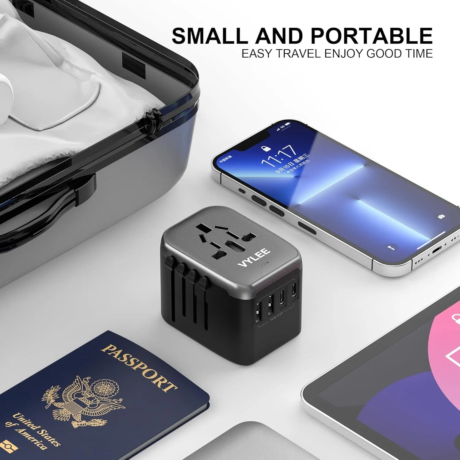 Universal International Power Travel Plug Adapter, 5 in 1 European Travel Plug Adapter W/ 3.5A 2xUSB-A and 2xUSB C Wall Charger and Worldwide AC Outlet for Europe USA UK AUS Asia (Black Grey)