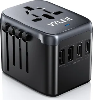 Universal International Power Travel Plug Adapter, 5 in 1 European Travel Plug Adapter W/ 3.5A 2xUSB-A and 2xUSB C Wall Charger and Worldwide AC Outlet for Europe USA UK AUS Asia (Black Grey)