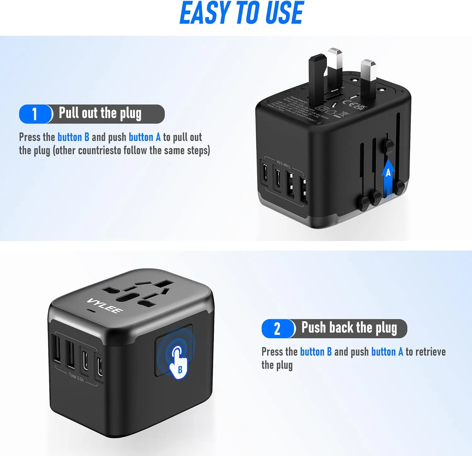 Universal International Power Travel Plug Adapter, 5 in 1 European Travel Plug Adapter W/ 3.5A 2xUSB-A and 2xUSB C Wall Charger and Worldwide AC Outlet for Europe USA UK AUS Asia (Black Grey)