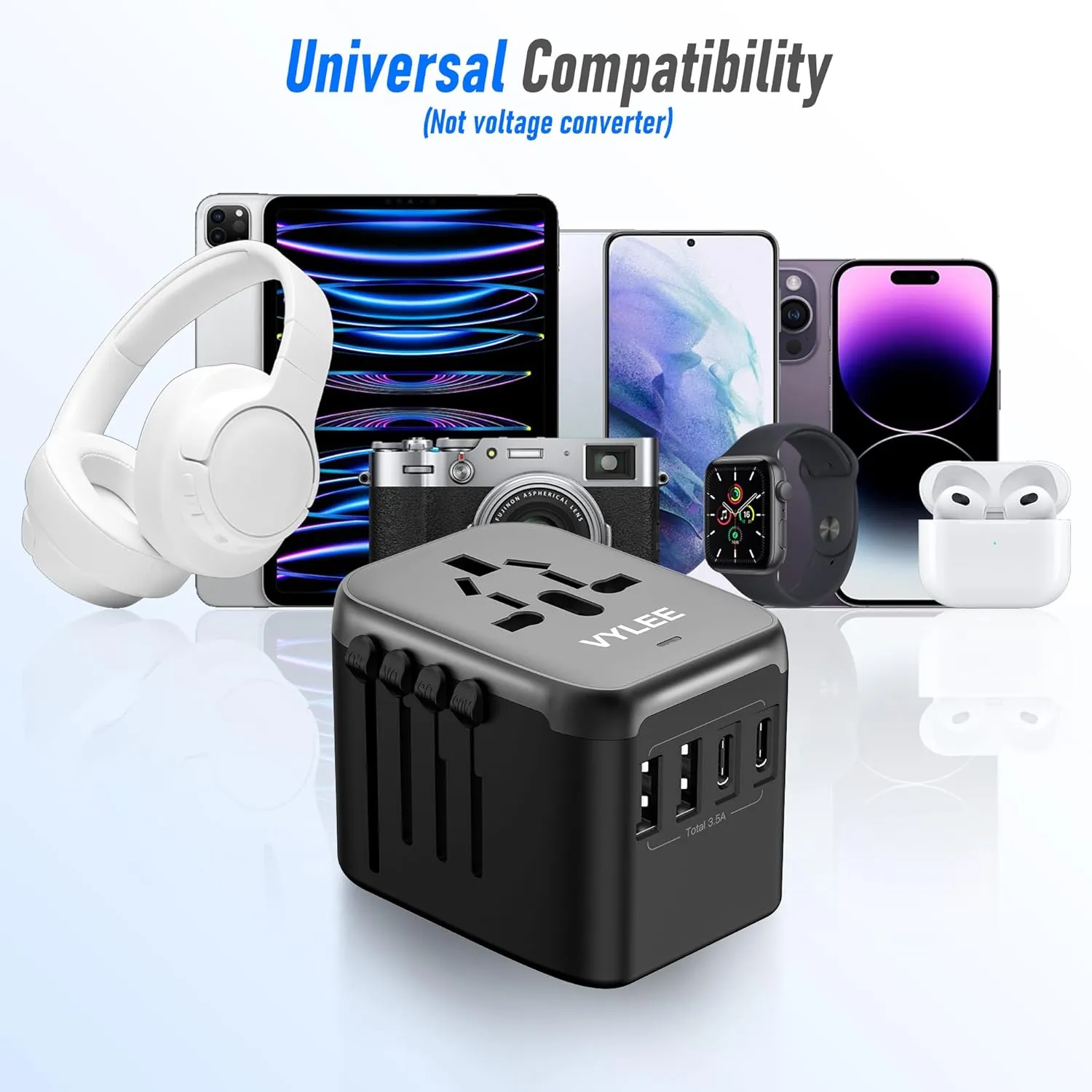 Universal International Power Travel Plug Adapter, 5 in 1 European Travel Plug Adapter W/ 3.5A 2xUSB-A and 2xUSB C Wall Charger and Worldwide AC Outlet for Europe USA UK AUS Asia (Black Grey)
