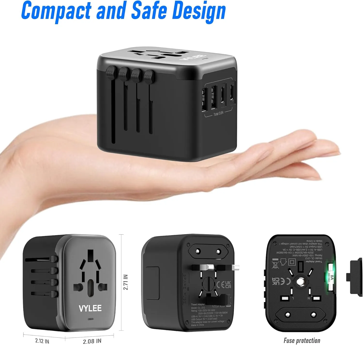 Universal International Power Travel Plug Adapter, 5 in 1 European Travel Plug Adapter W/ 3.5A 2xUSB-A and 2xUSB C Wall Charger and Worldwide AC Outlet for Europe USA UK AUS Asia (Black Grey)