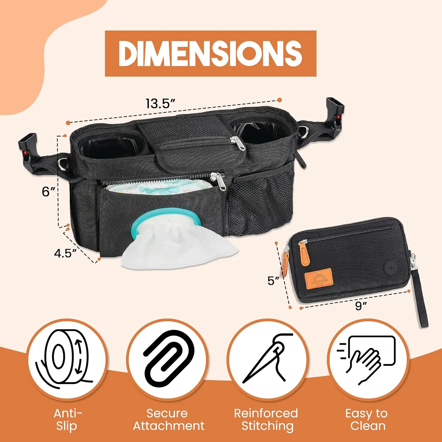 Universal Stroller Organizer with Cup Holder - Stroller Storage Bag | Stroller Caddy Organizer w/ Anti-Slip Straps to Fit Various strollers | Waterproof Walker Bag | Walker Attachment to Carry Items
