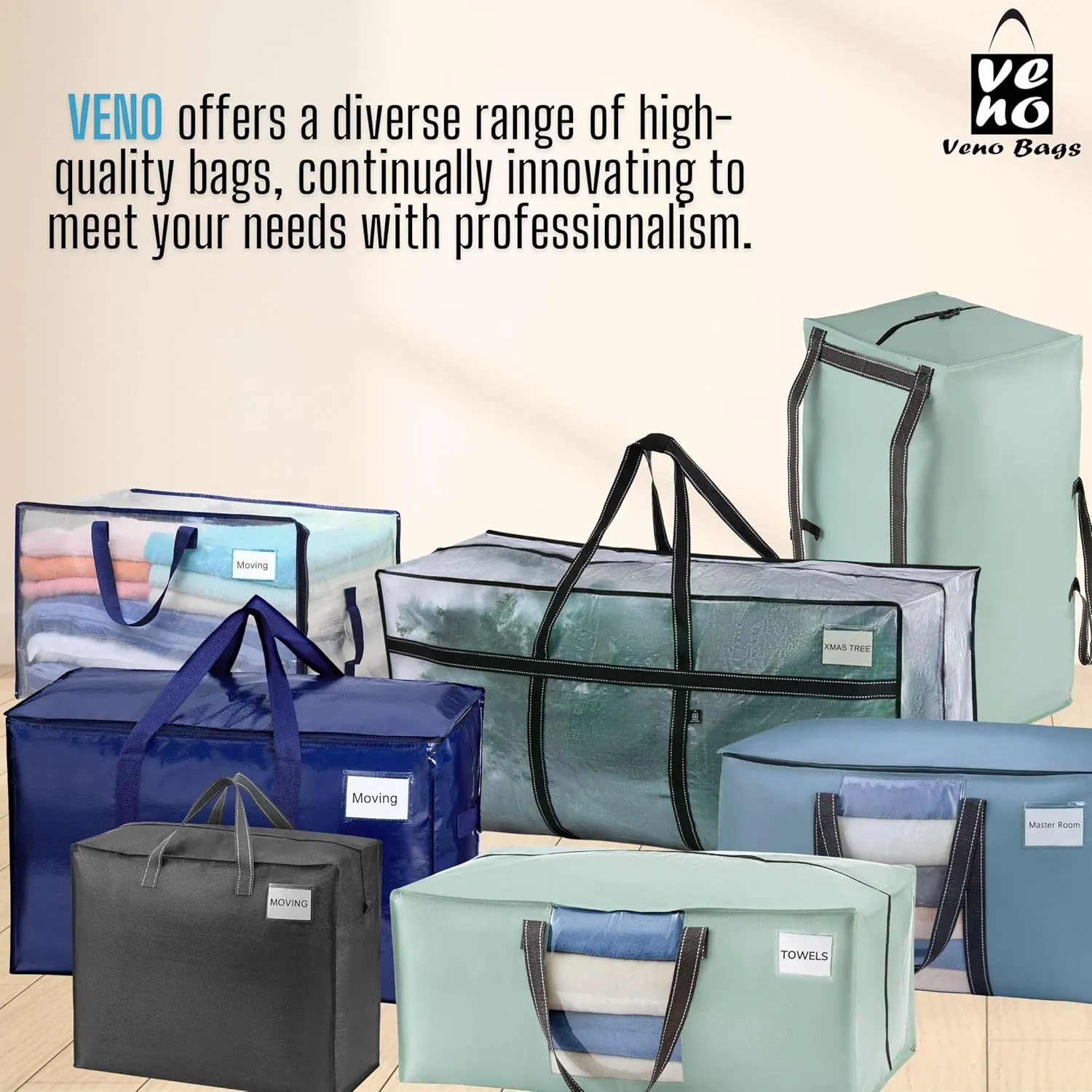 VENO 8 Pack Moving Bags, Upgraded Heavy Duty, Moving Boxes Alternative, Packing Storage Supplies for Dorm Room Essentials with Zipper for Clothes, Large Totes for Packaging (Blue, 8 Pack)