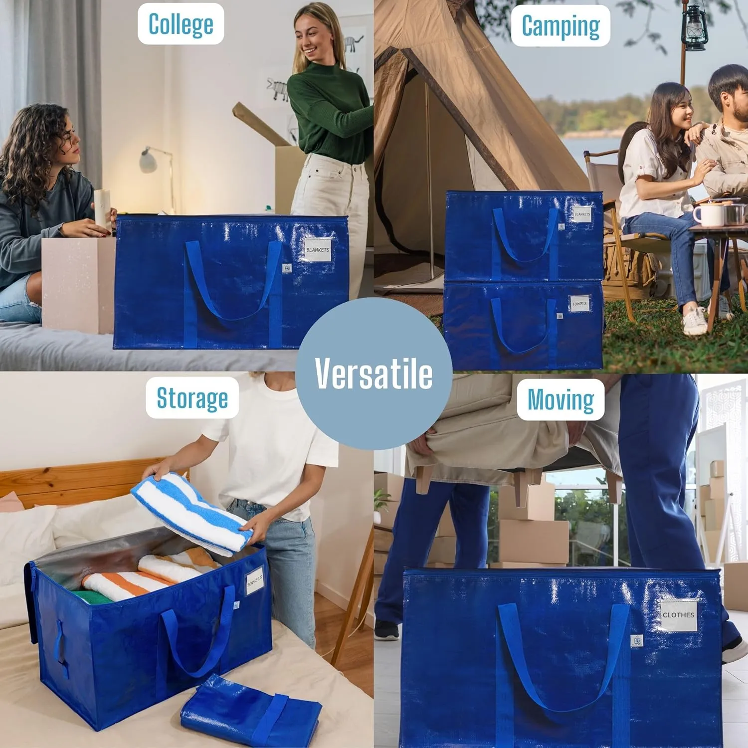 VENO 8 Pack Moving Bags, Upgraded Heavy Duty, Moving Boxes Alternative, Packing Storage Supplies for Dorm Room Essentials with Zipper for Clothes, Large Totes for Packaging (Blue, 8 Pack)