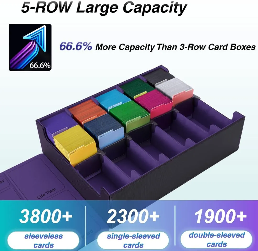 Venssu 5 Row Trading Card Storage Box With Dual-Function Playmat Lids, 3800  Mtg Deck Box With 24 Colorful Divider Tabs, Compatible with Magic Cards (Black and Purple)