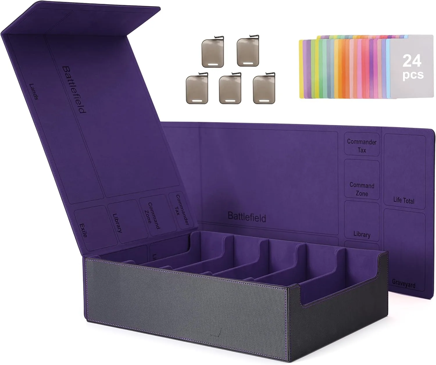 Venssu 5 Row Trading Card Storage Box With Dual-Function Playmat Lids, 3800  Mtg Deck Box With 24 Colorful Divider Tabs, Compatible with Magic Cards (Black and Purple)