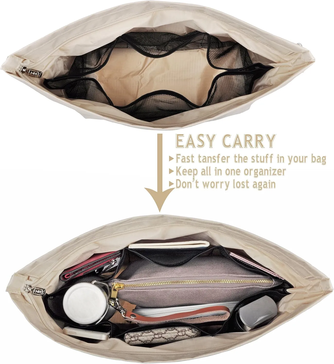 Vercord Handbag Purse Bag Insert Organizers Extra Thick Large Travel Handbag Organizer Beige