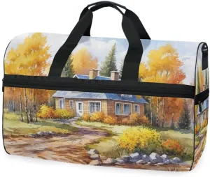 Village Fall Painting Travel Duffel Bag Luggage Sports Gym Bags With Shoes Compartment Large Capacity Lightweight Duffle Bag For Men Women