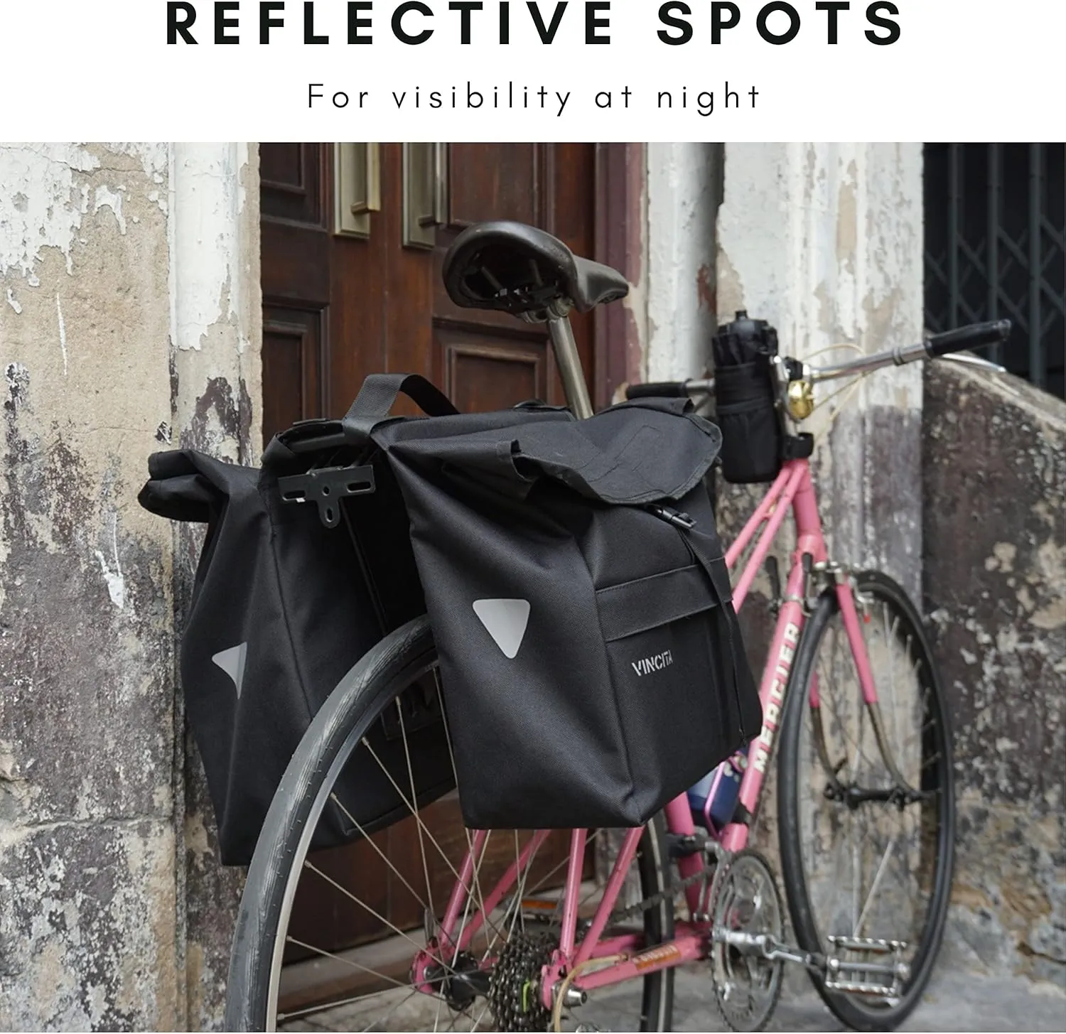Vincita New Top Load Double Pannier Water Resistant Cycling Side Bags - with Rain Cover, Large, Carrying Handle, Reflective Spots - Bike Rack Carrier Saddle Bag - Bicycle Accessories (Black Dot)