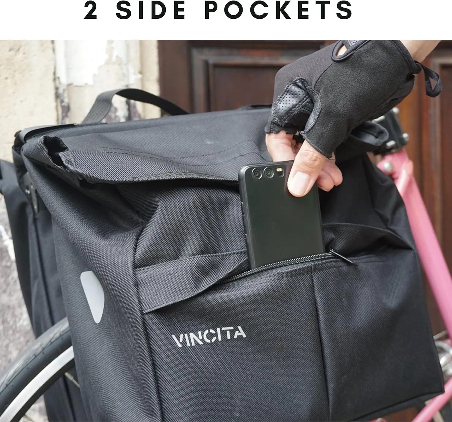 Vincita New Top Load Double Pannier Water Resistant Cycling Side Bags - with Rain Cover, Large, Carrying Handle, Reflective Spots - Bike Rack Carrier Saddle Bag - Bicycle Accessories (Black Dot)