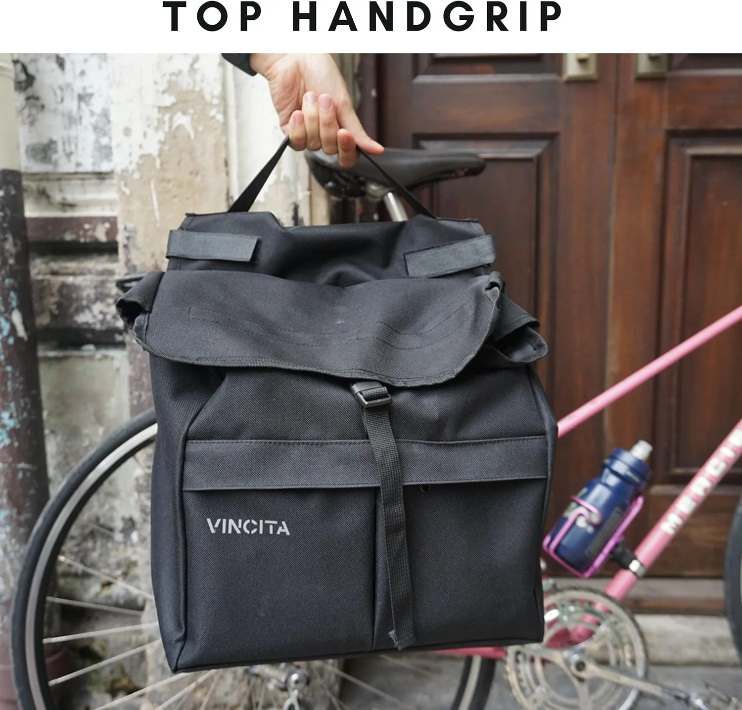 Vincita New Top Load Double Pannier Water Resistant Cycling Side Bags - with Rain Cover, Large, Carrying Handle, Reflective Spots - Bike Rack Carrier Saddle Bag - Bicycle Accessories (Black Dot)