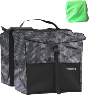 Vincita New Top Load Double Pannier Water Resistant Cycling Side Bags - with Rain Cover, Large, Carrying Handle, Reflective Spots - Bike Rack Carrier Saddle Bag - Bicycle Accessories (Black Dot)