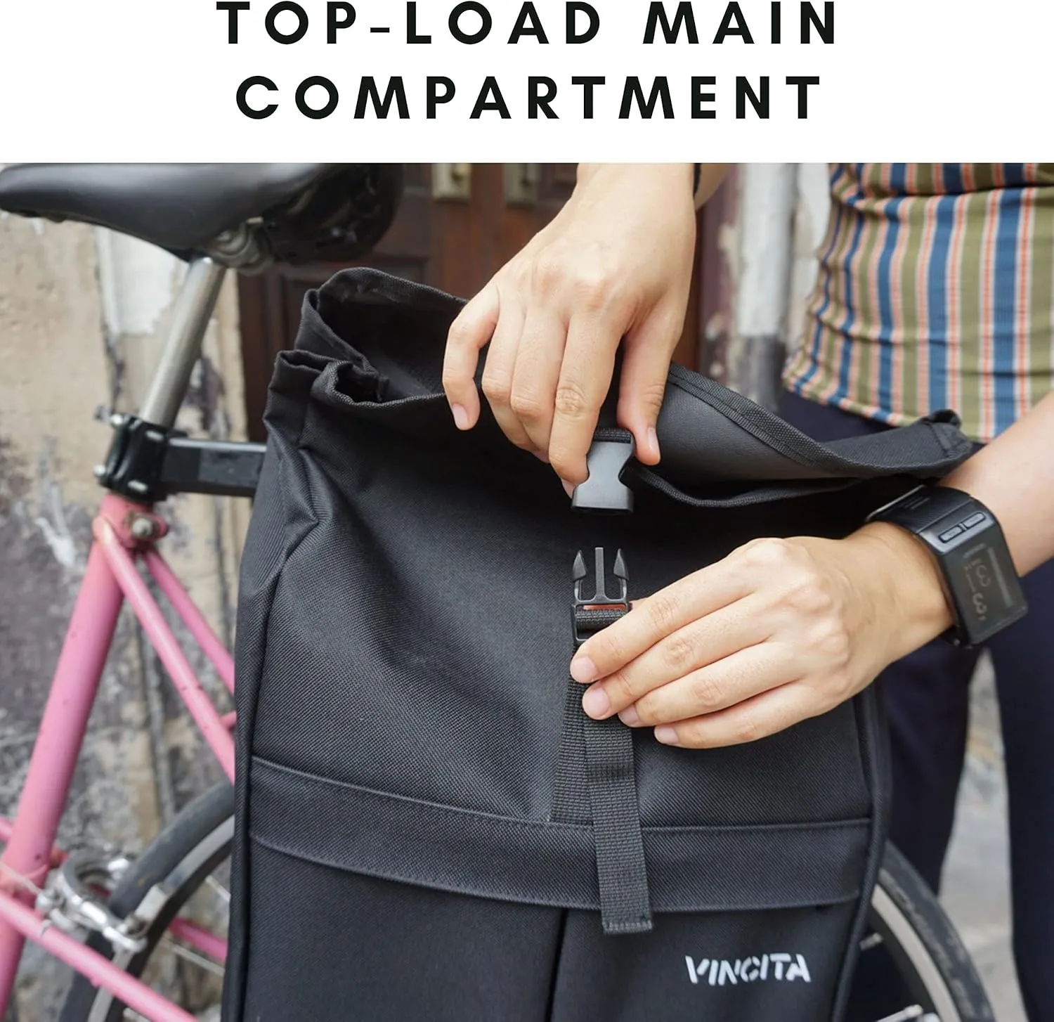 Vincita New Top Load Double Pannier Water Resistant Cycling Side Bags - with Rain Cover, Large, Carrying Handle, Reflective Spots - Bike Rack Carrier Saddle Bag - Bicycle Accessories (Black Dot)