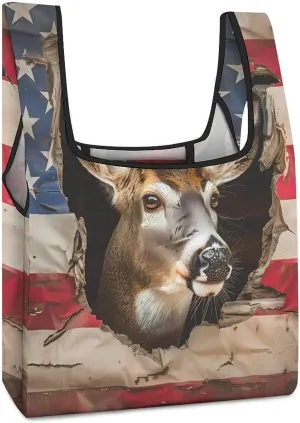 Vintage Amerian Flag Deer Grocery Shopping Bags Foldable Tote Bags Casual Handbags Purses Work Bag for Women