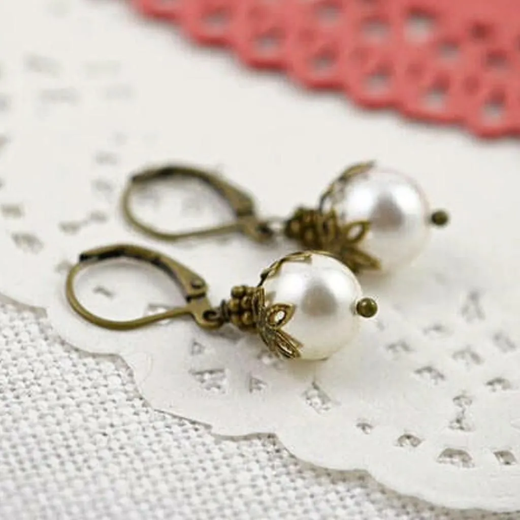 Vintage Style Bronze Earrings Fitted with Swarovski Pearls